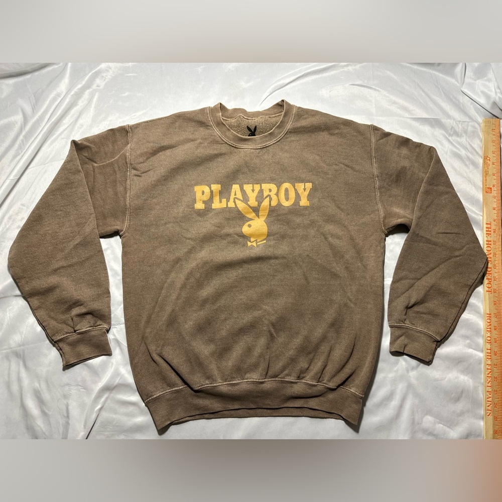 Playboy Classic Logo Garment Dye Crewneck Sweatshirt Brown Vintage Wash Small